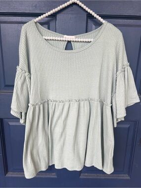 Light Sage Waffle Knit Peplum Top - Brand: entro